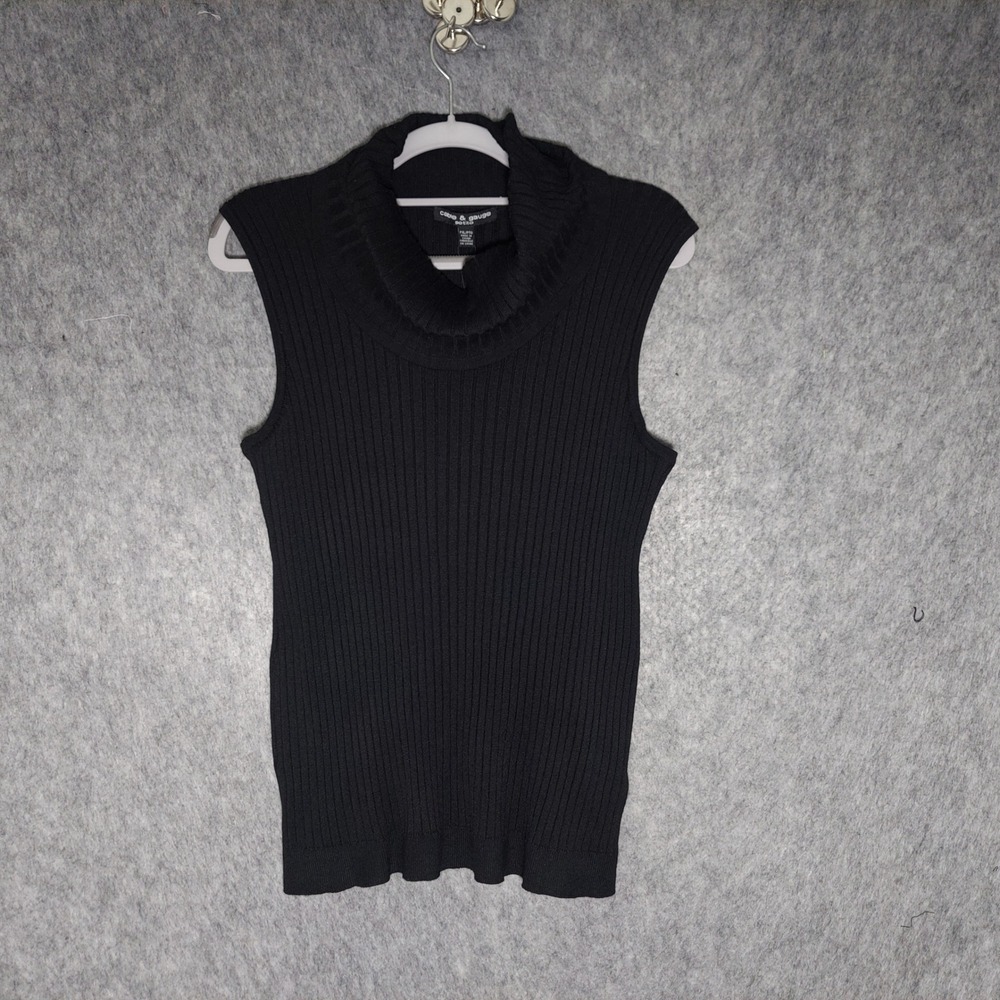 Cable & Gauge Womens Sleeveless Cowl Neck Sweater PXL Black Stretch Ribbed Knit